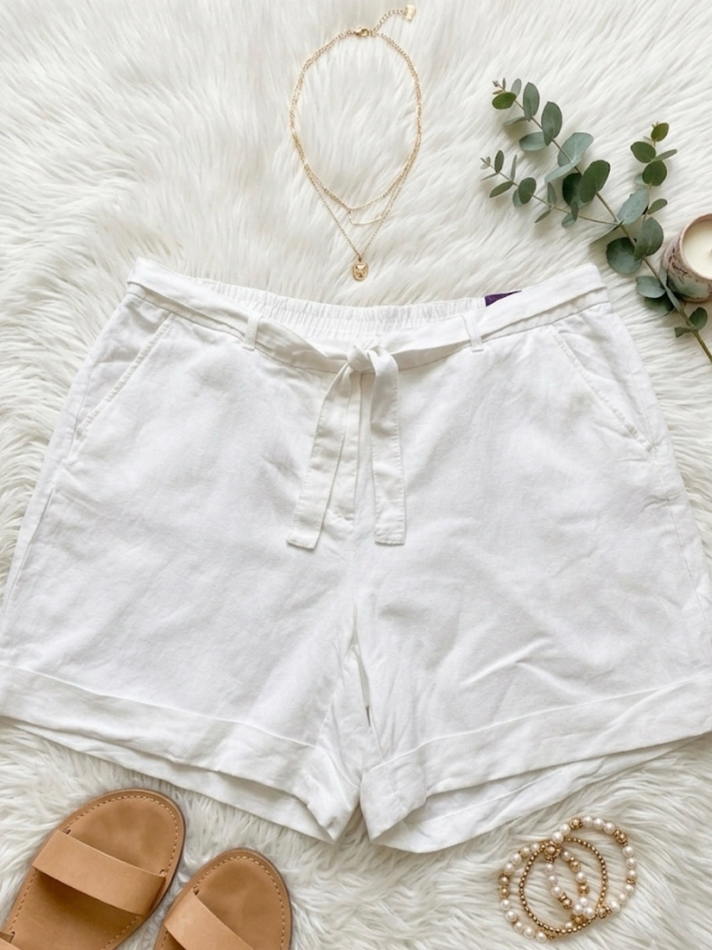 Classic White Linen Blend Belted Shorts